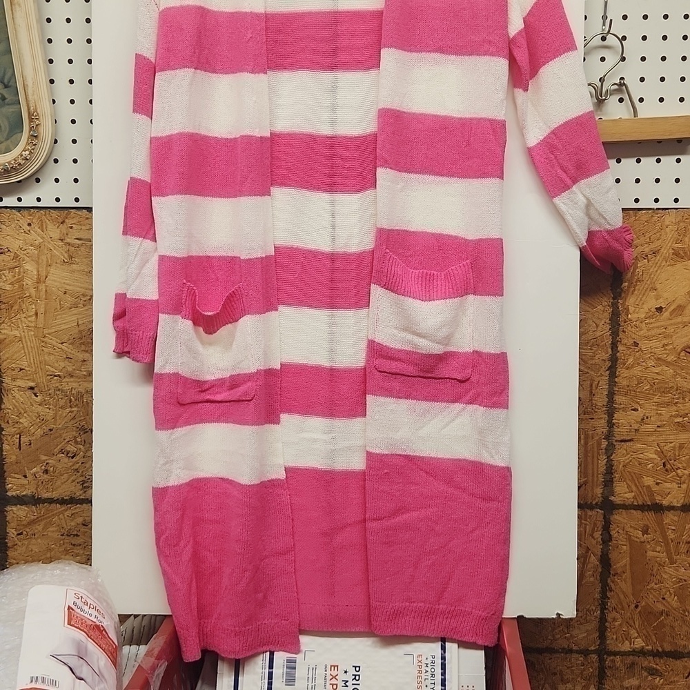 Fantastic fawn long cardigan sweater pink ivory stripes NWOT - Picture 2 of 7